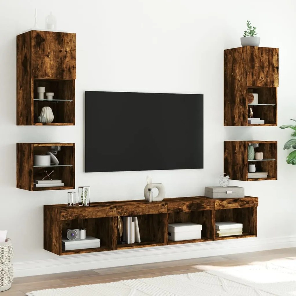 Mesas de cabeceira de parede com luzes LED 2pcs carvalho fumado