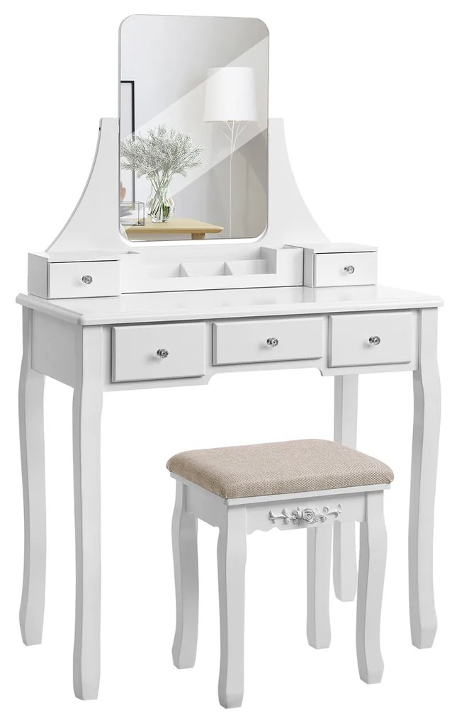 Conjunto de penteadeira VASAGLE, conjunto de penteadeira com espelho grande sem moldura para maquiagem, 5 gavetas e um organizador de armazenamento removível, banqueta acolchoada, branco RDT25WT
