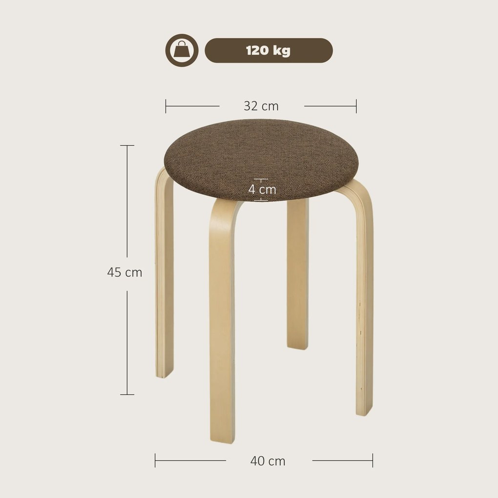 Conjunto de 4 Bancos Empilháveis Redondos (MESA NÃO INCLUIDA) Bancos Baixos de Cozinha com Assento Acolchoado Ø40x45 cm Castanho e Madeira