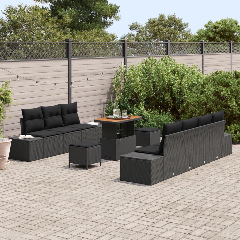 Conjunto de Sofá de Jardim de 10 peças com Almofadas Preto Rattan Acác