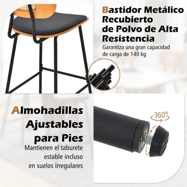 Conjunto de 2 bancos de bar em rattan com encosto e pernas em metal (MESA NÃO INCLUIDA) 45 x 45 x 94 cm Preto + Natural