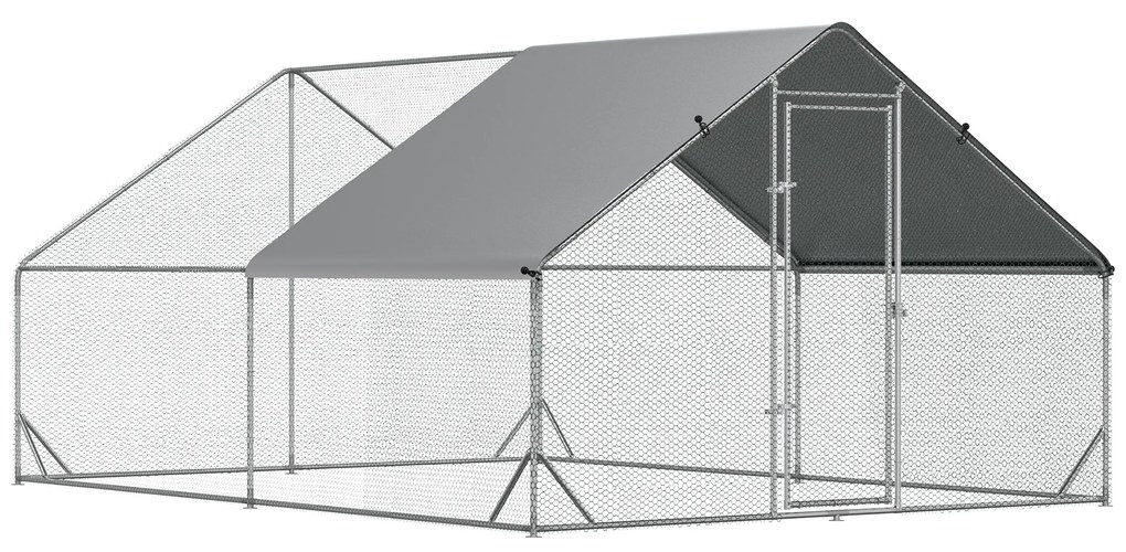 PawHut Galinheiro de Exterior Grande 3x4x2m Gaiola para 8-12 Galinhas de Aço Galvanizado com Teto de PE Prata | Aosom Portugal