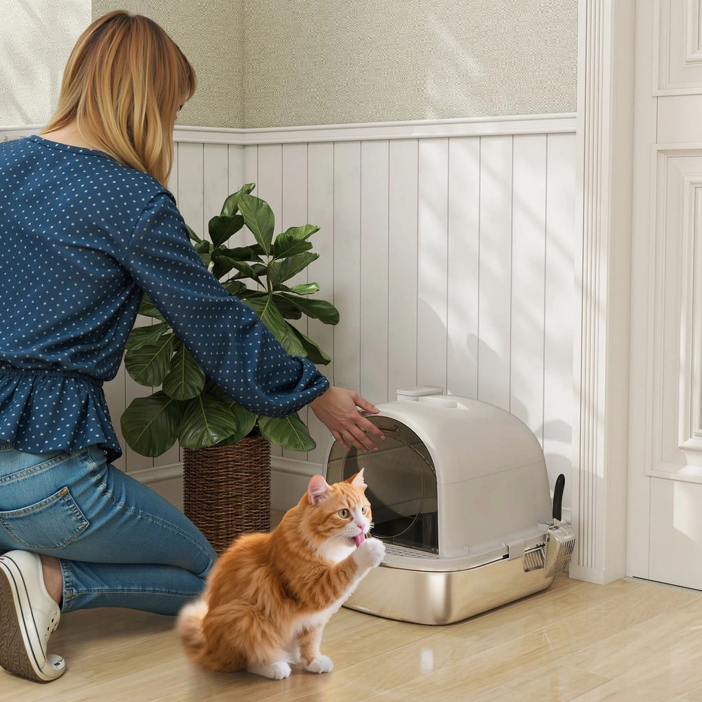 Caixa de Areia para Gatos em Aço Inoxidável com Tampa Caixa de Areia com Bolsa Desodorizante e Pá 52,4x41,3x39,9 cm Cinzento