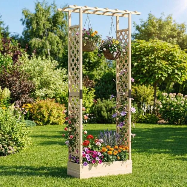 Floreira de jardim 110 x 35 x 227 cm elevada em madeira com treliça, teto suspenso, orifícios de drenagem, abeto, para plantas trepadeiras, natural