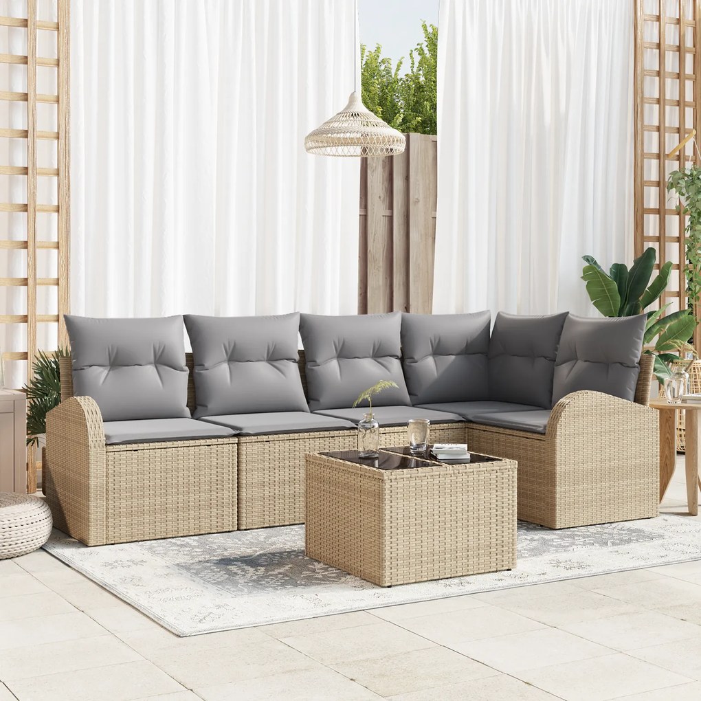 Conjunto de Sofá de Jardim de 6 Peças com Almofadas Rattan Poliéster P