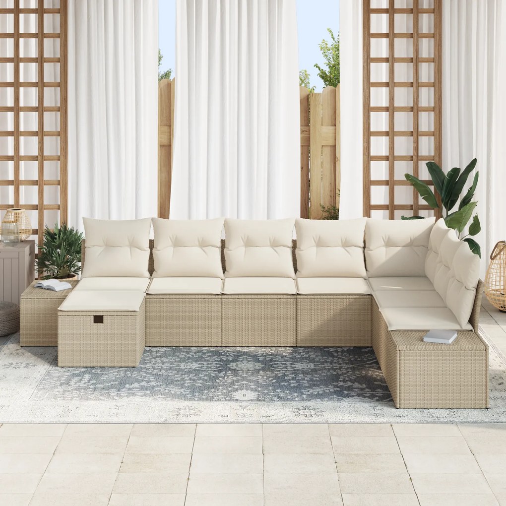 Conjunto de Sofá de Jardim de 8 Peças com Almofadas Bege Polirattan