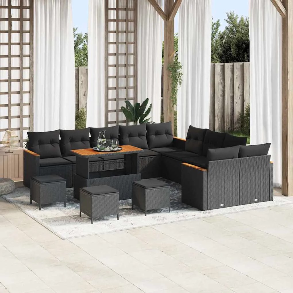 vidaXL Conjunto de Sofá de Jardim de 14 Peças com Almofadas Pretas em Rattan e Acácia