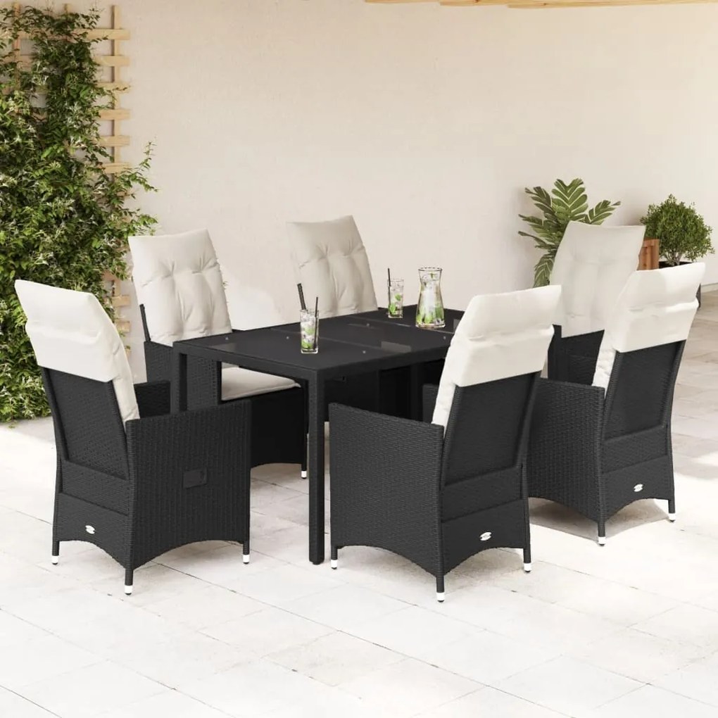 7 pcs conjunto de jantar p/ jardim c/ almofadões vime PE preto