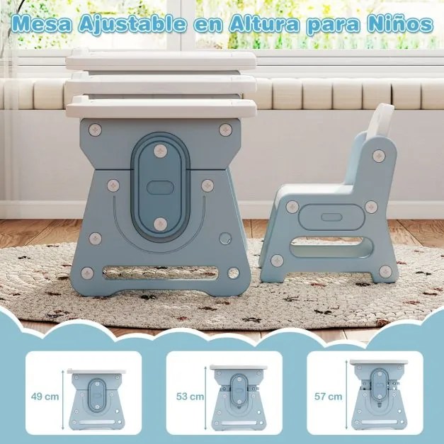 Conjunto de mesa e cadeira para crianças com quadro negro inclinado, suporte para livros e prateleira côncava para maiores de 3 anos, Azul