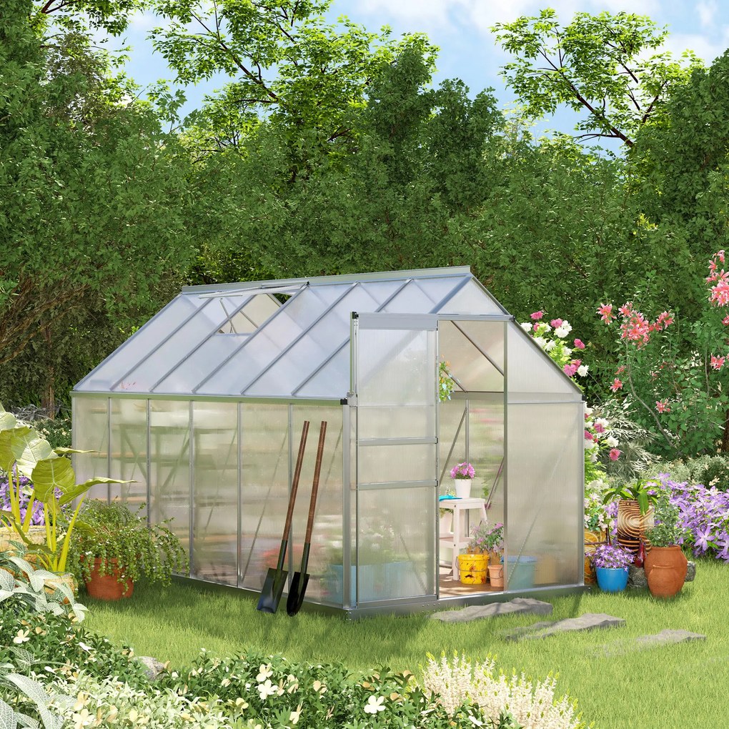 Estufa de jardim em policarbonato com 7,1 m², 1,9 m (L) x 3,75 m (C) x 1,99 m (A), com fundação, claraboia ajustável e porta de correr - Prateada e tr