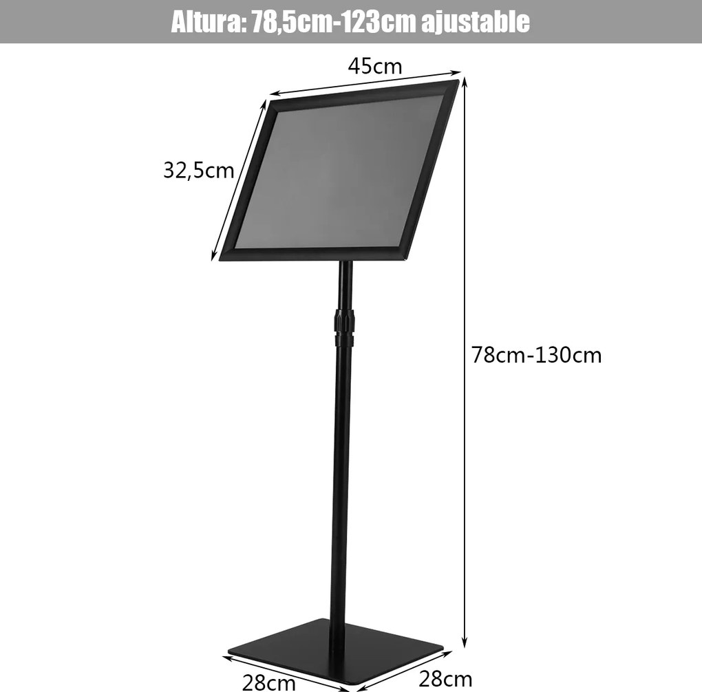 Conjunto de 2 Suportes para Cartazes A3, 45 x 32,5 x 78-130 cm, Altura Ajustável, Preto