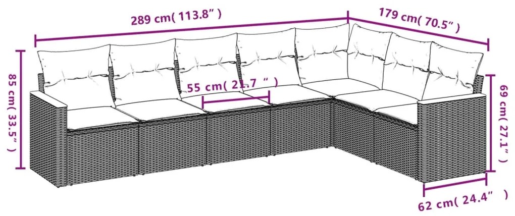 7 pcs conjunto sofás p/ jardim c/ almofadões vime PE cinzento