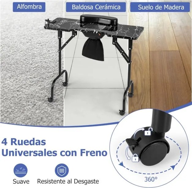 Mesa de manicure dobrável com aspirador de pó elétrico Luz LED 4 rodas com travão 90 x 40 x 77 cm Preta