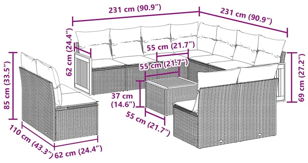 12 pcs conjunto de sofás de jardim c/ almofadões vime PE preto
