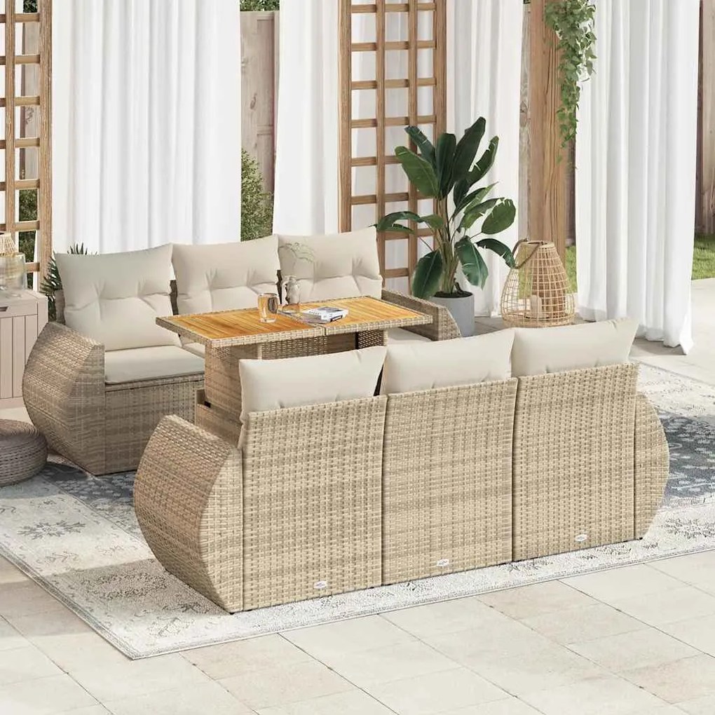 7 pcs conjunto de sofás p/ jardim com almofadões vime PE bege