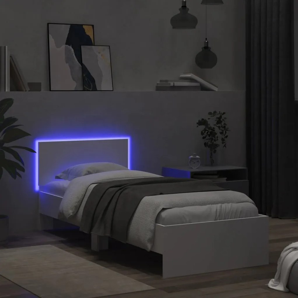 Estrutura de cama com cabeceira e luzes LED 90x200 cm branco