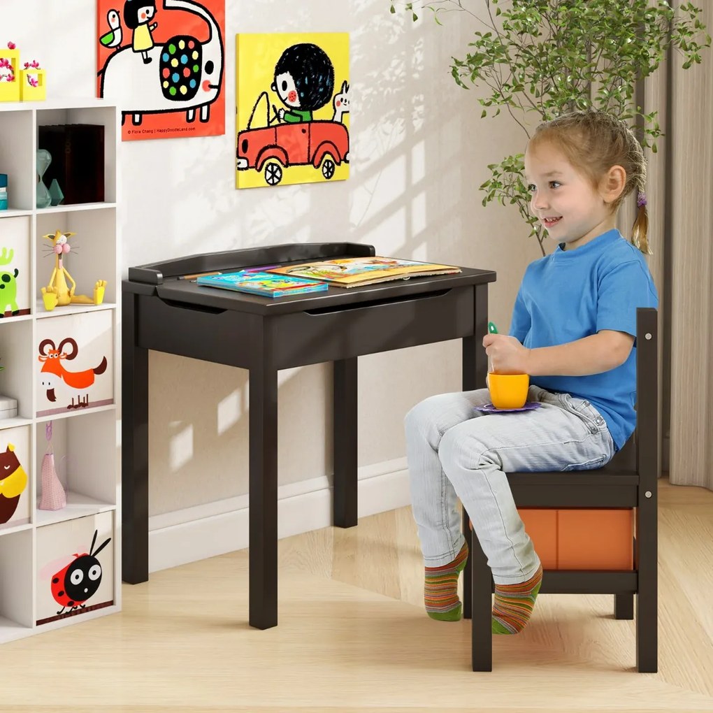 Conjunto de secretária de estudo e cadeira para crianças gaveta de arrumação Café