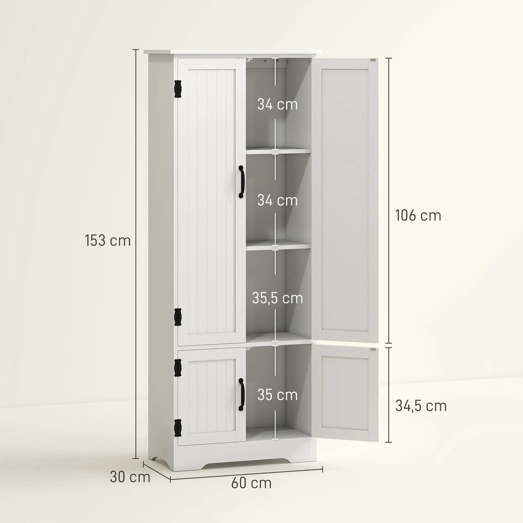 Armário de cozinha contemporâneo 60 x 30 x 153 cm com múltiplas opções de arrumação, 2 armários e 3 prateleiras, em MDF (painéis de partículas) branco