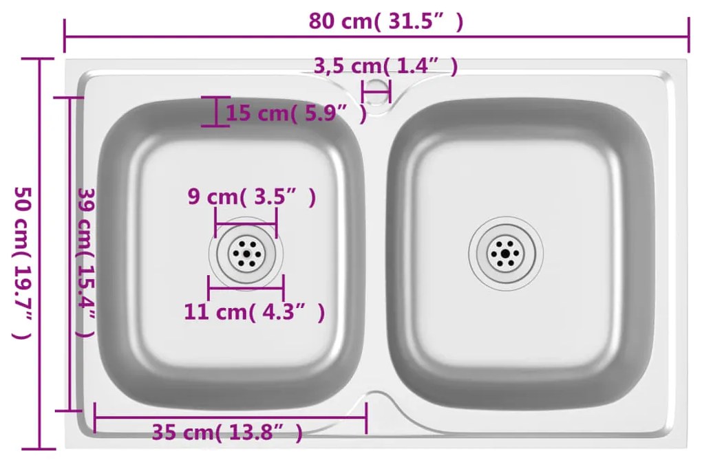 Lava-louça cozinha + cuba dupla 800x500x155mm aço inox prateado