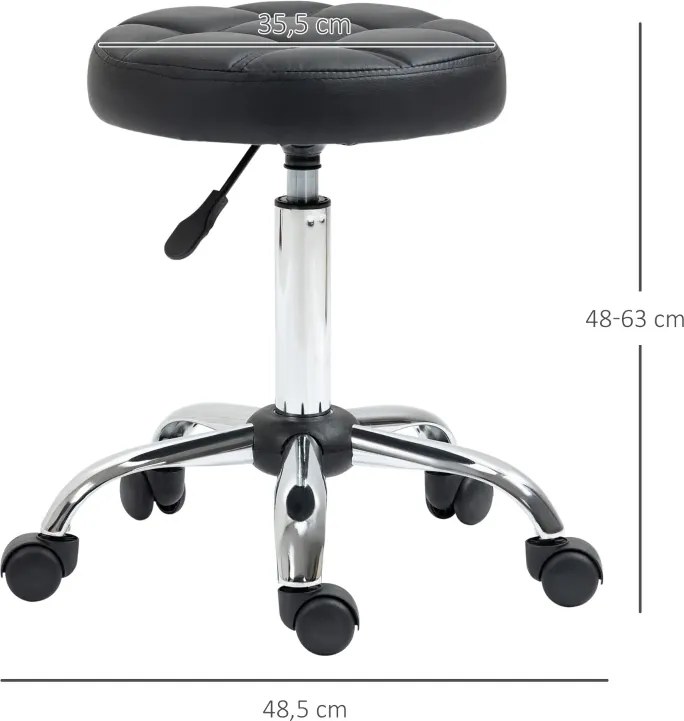 Banco Giratório com Rodas Altura Ajustável entre 48-63cm Banco de Trabalho Estofado em Couro PU para Salão Dentista Diâmetro Ø35,5cm Preto