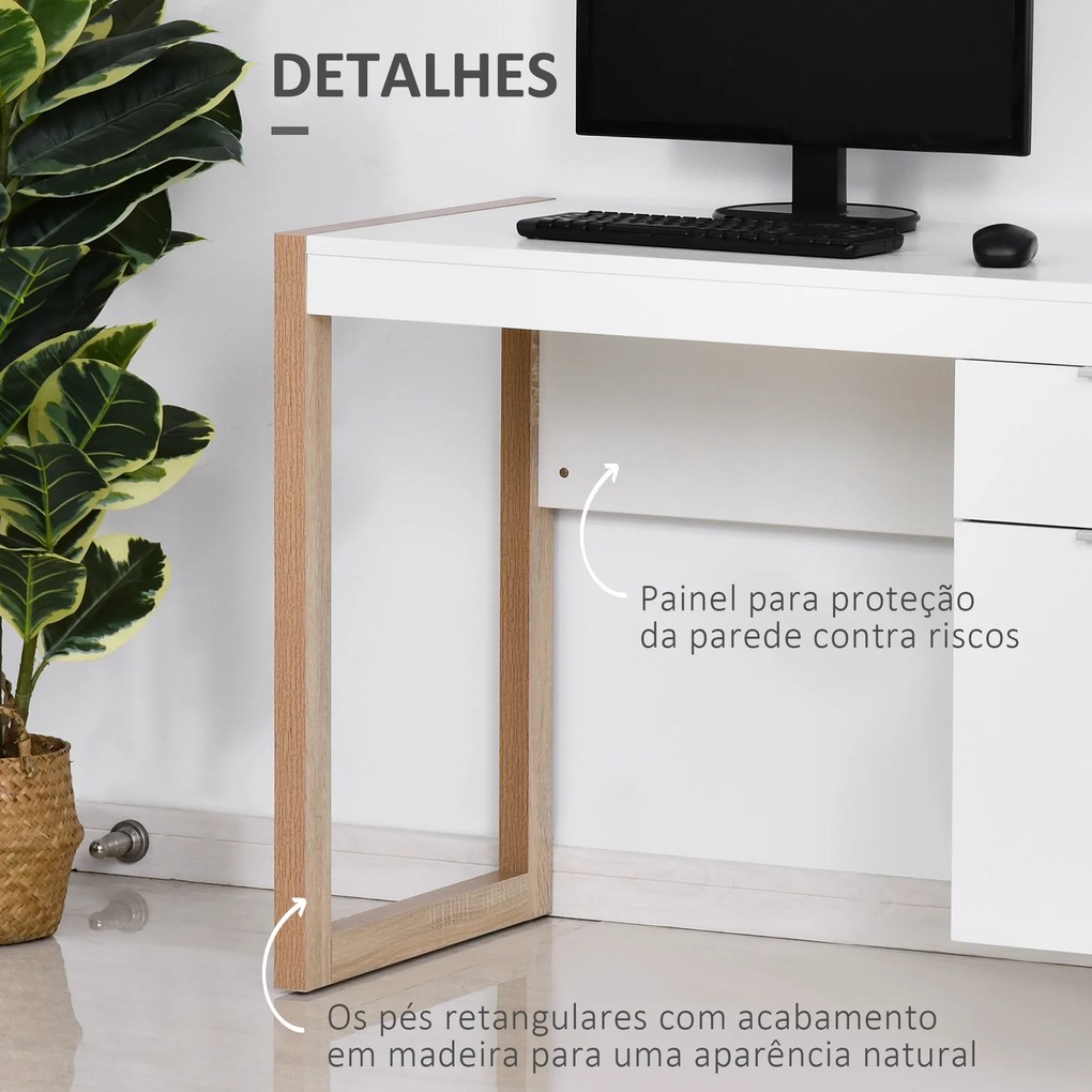 HOMCOM Mesa de Computador com Gaveta Armário Pés em Forma Retangular112,5x50x75,5 cm Branco e Madeira | Aosom Portugal