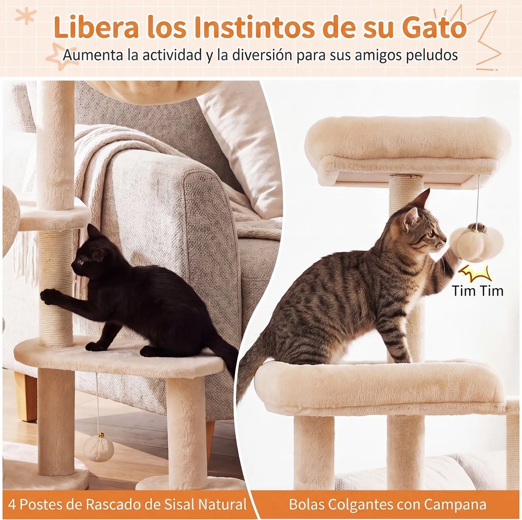 Árvore para Gatos, Altura Total: 149 cm Postes de Sisal Natural, Bege