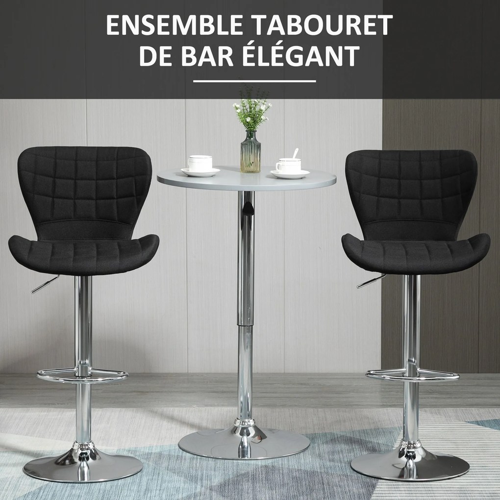 Conjunto de 2 bancos de bar de design contemporâneo, com altura do assento ajustável entre 59 e 81 cm, giratórios a 360°, em linho preto