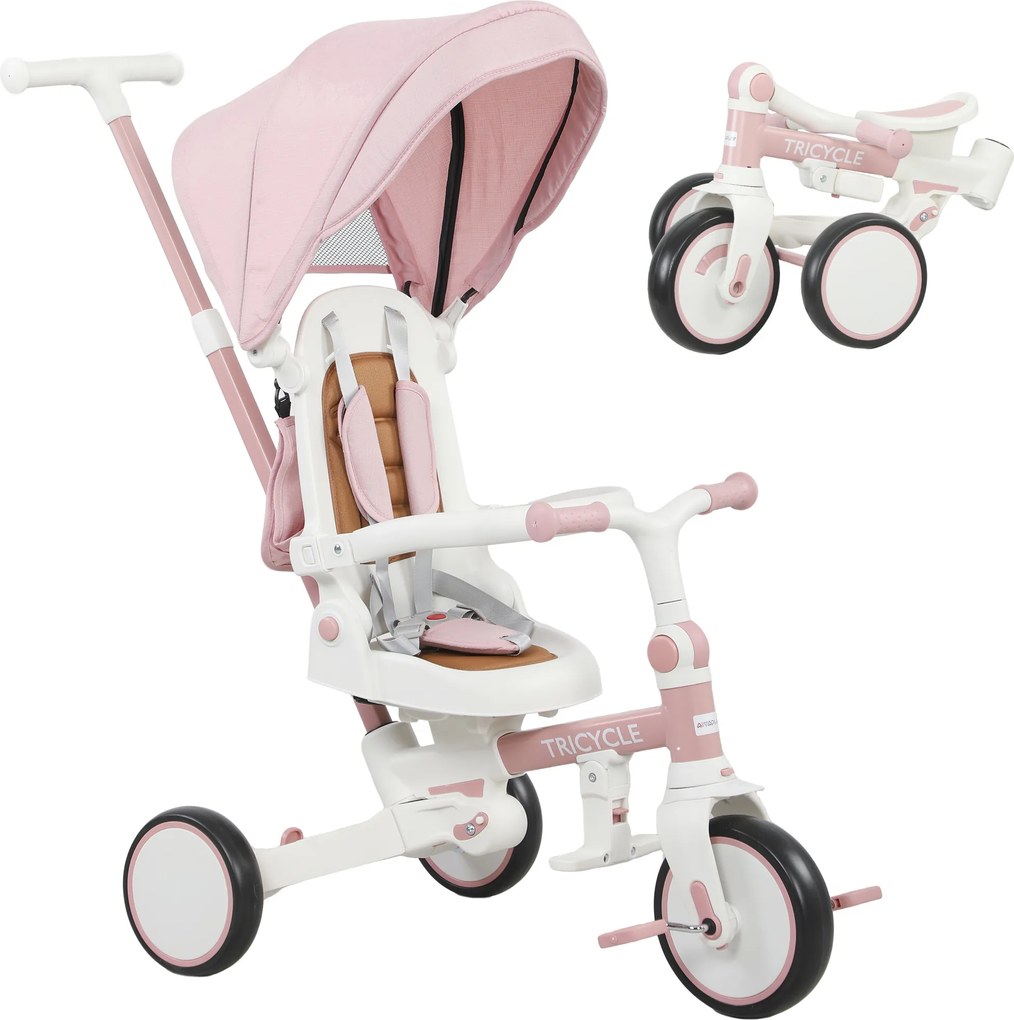 AIYAPLAY Triciclo infantil, carrinho de bebé transformável, design 5-em-1, haste de empurrar removível, ajustável, cinto de segurança, bolsa de arrumação, 1-3 anos, Rosa | Aosom Portugal