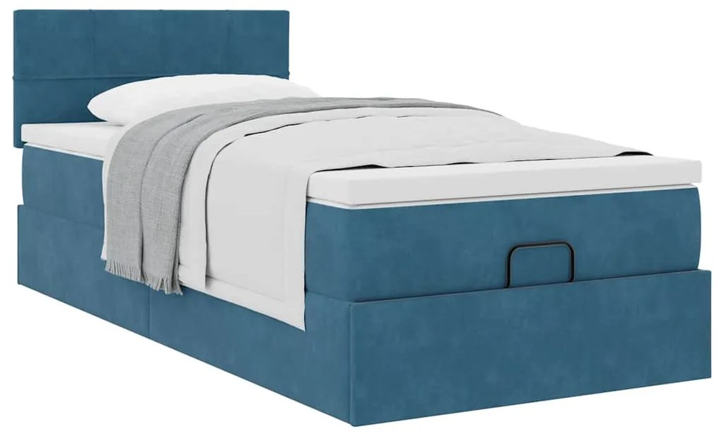 Estrutura cama otomana com colchão azul escuro 90x190cm veludo