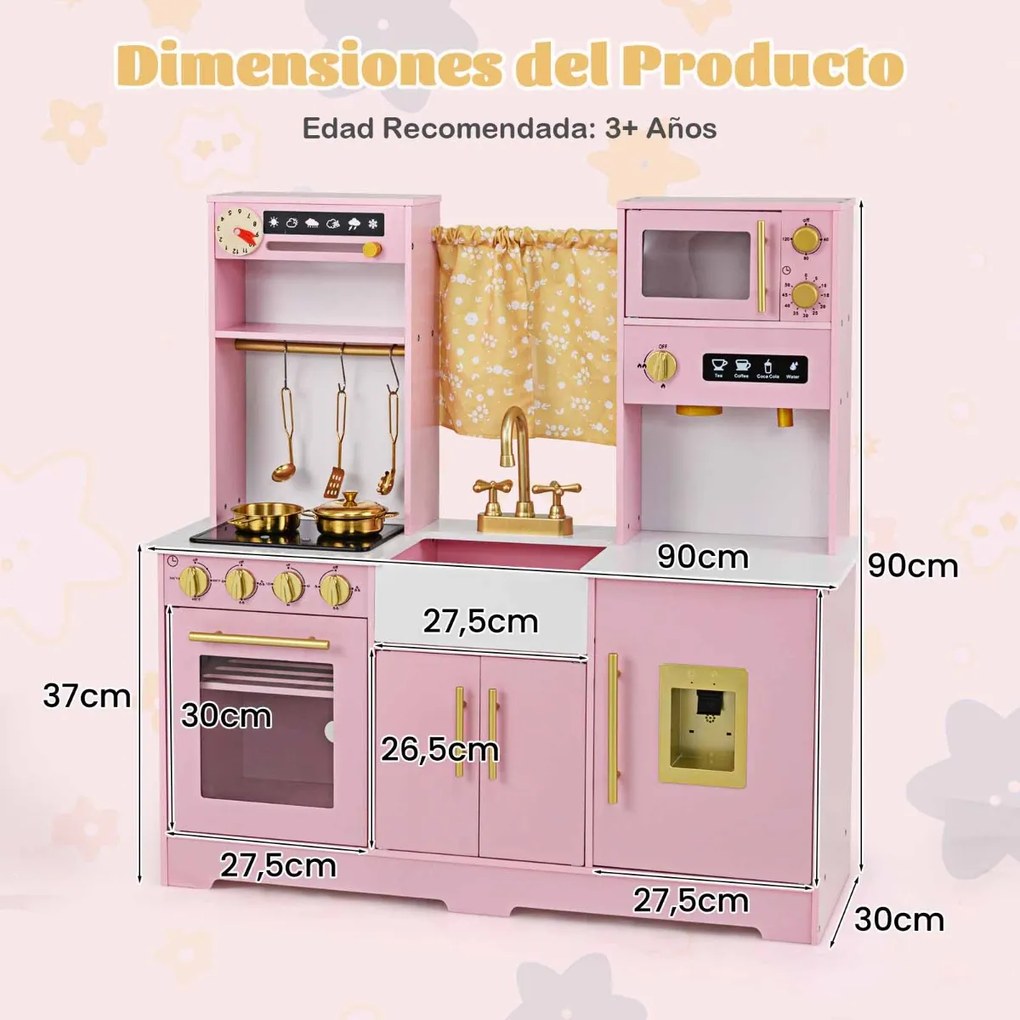 Conjunto de cozinha para crianças com cafeteira, dispensador de água, fogão, pia e torneira para crianças acima de 3 anos, 90 x 30 x 90 cm, rosa claro