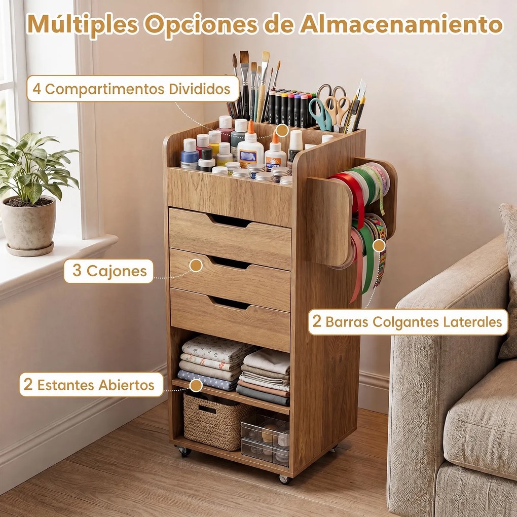 Carrinho de Arrumação com 3 Gavetas, 48,5 x 33 x 85 cm, Prateleira Ajustável, Natural