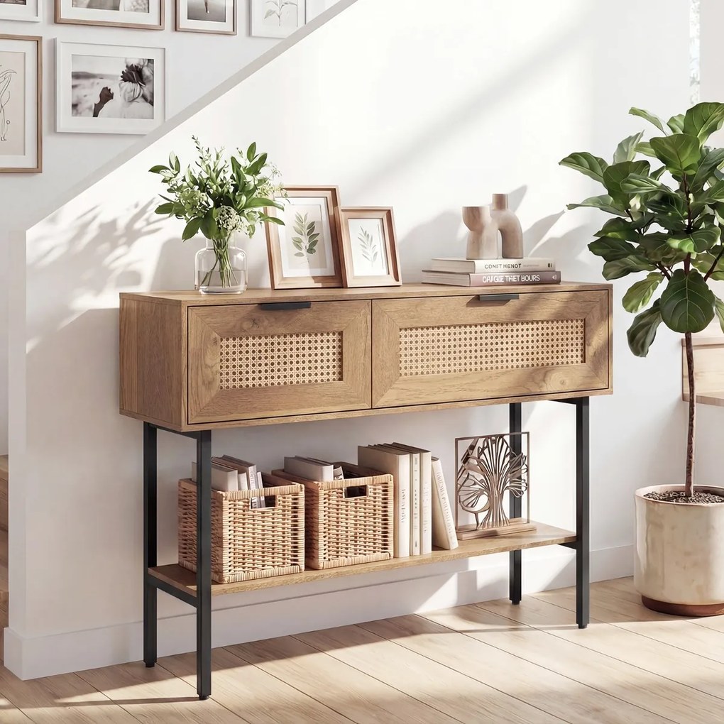 Mesa consola estreita em rattan PE 100 x 29,5 x 76 cm, com portas, prateleiras e estrutura metálica, para a sala de estar ou o hall de entrada Natural
