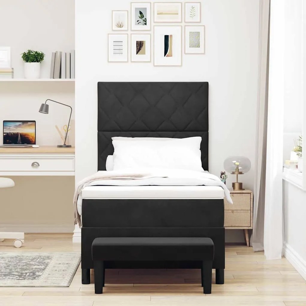 Cama Box Spring com Colchão e Banco Preto 90x190 cm Veludo