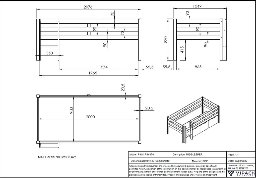 Conjunto Cama alta de Criança PINO 90 x 200 cm + estrado + escada Cinzento