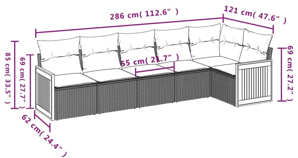 6 pcs conjunto sofás de jardim com almofadões vime cinzento