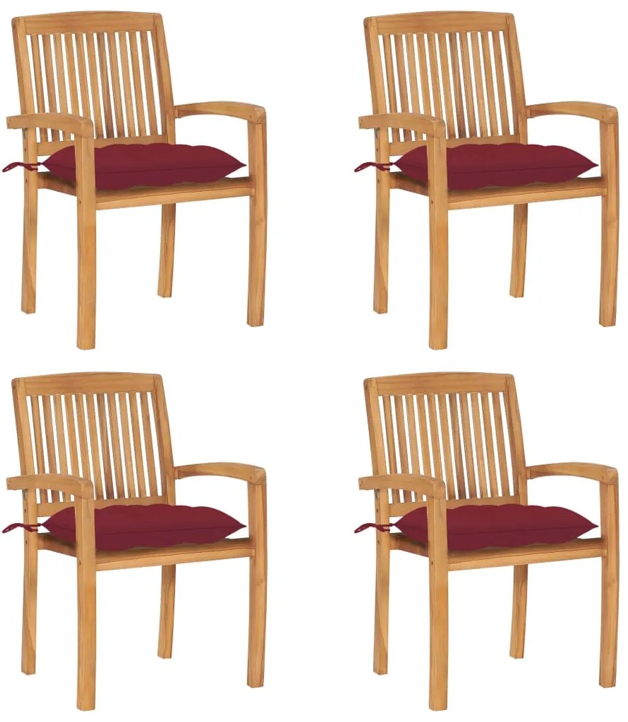 vidaXL Cadeiras de jardim empiháveis c/ almofadões 4 pcs teca maciça