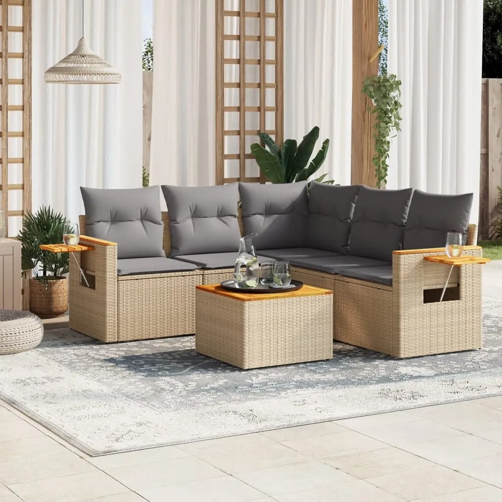 6 pcs conjunto de sofás p/ jardim com almofadões vime PE bege