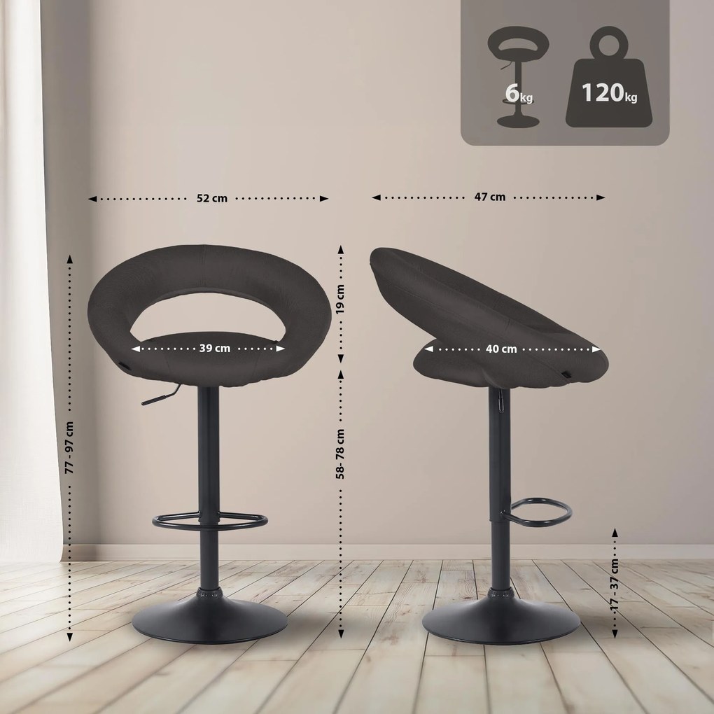 Conjunto de 2 bancos de bar Olinda em tecido e com estrutura preta 52 x 77-97 x 47 cm Cinzento escuro