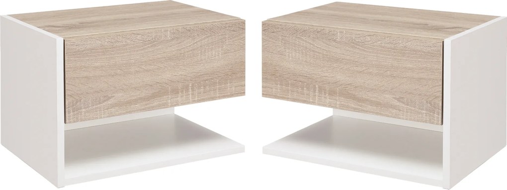 Conjunto de 2 Mesas de Cabeceira Flutuantes com 1 Gaveta e Prateleira Aberta 46x30x30 cm Carvalho e  Branco