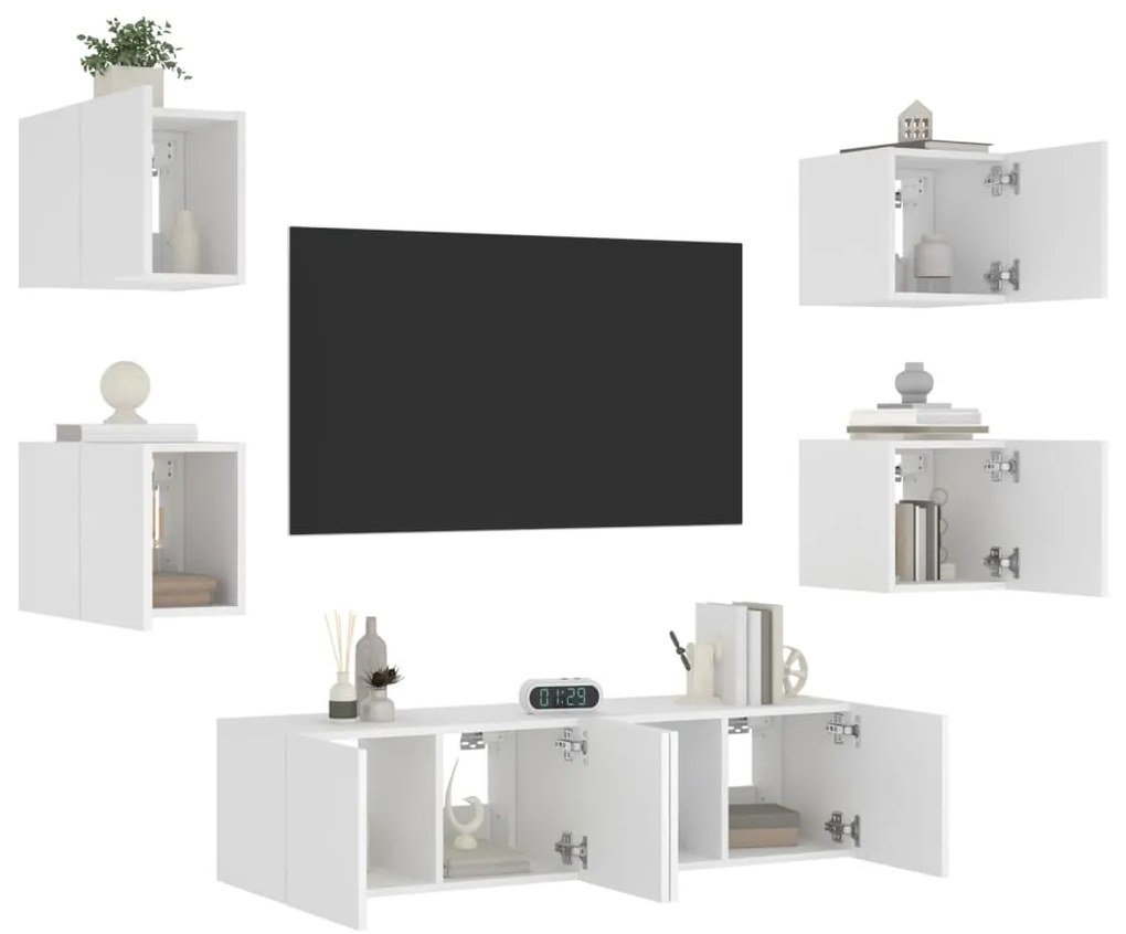 vidaXL 6pcs móveis de parede p/ TV c/ LEDs derivados de madeira branco