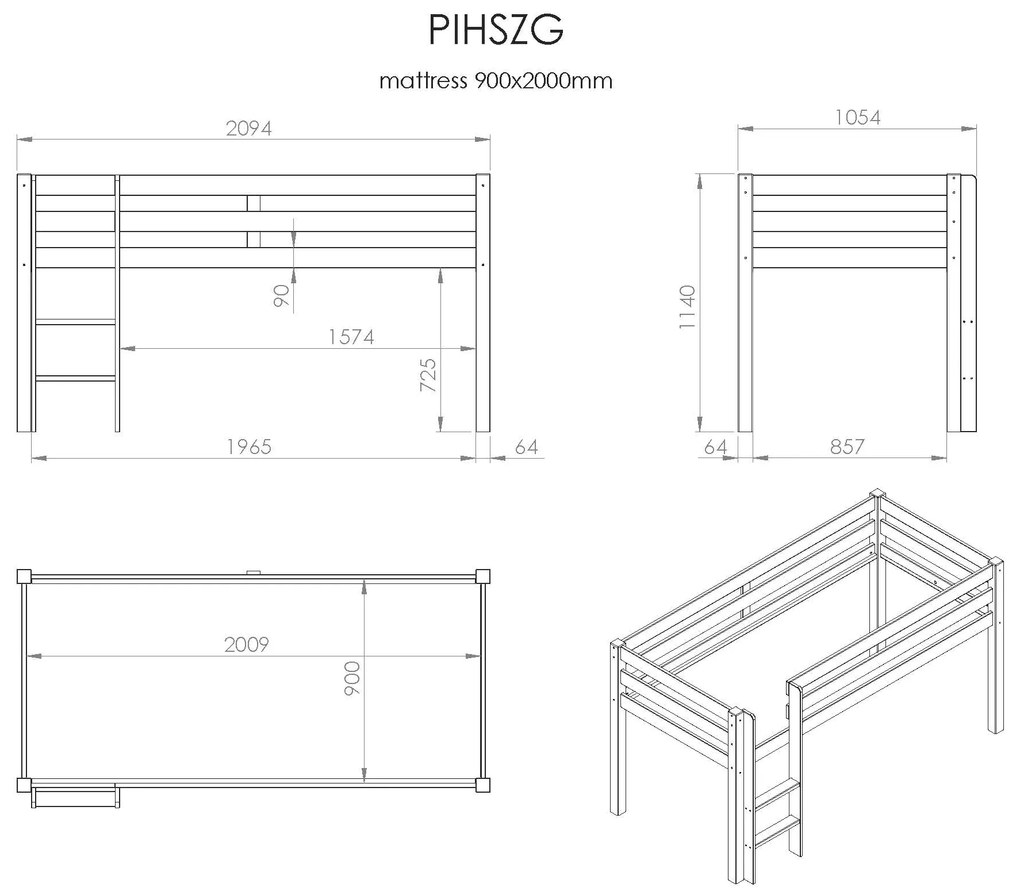 Cama alta de Criança PINO 90 x 200 cm + estrado + escada Cinzenta