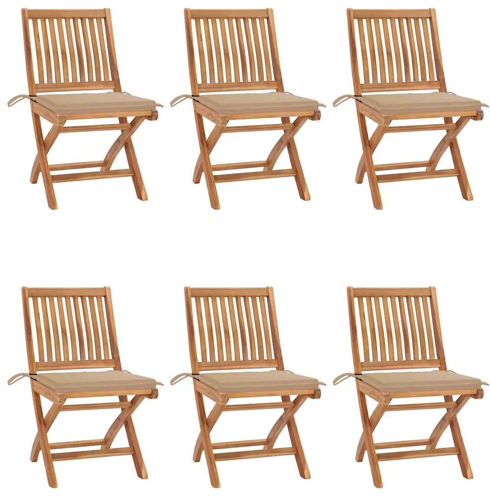 vidaXL Cadeiras de jardim dobráveis c/ almofadões 6 pcs teca maciça
