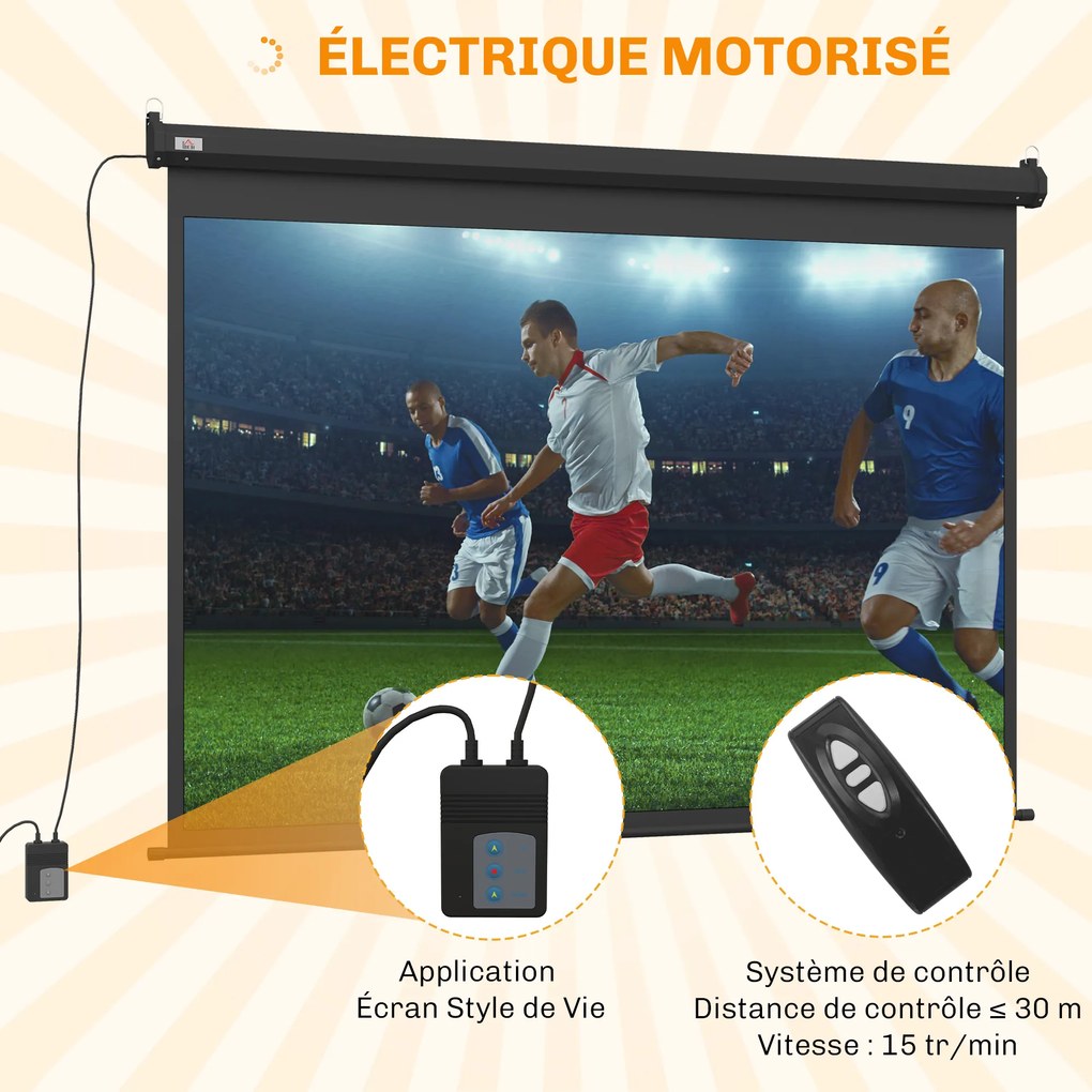 Ecrã de videoprojetor 191 x 8 x 130 cm motorizado e elétrico de 84 polegadas, 4:3, 4K HD, painel de controlo e comando à distância