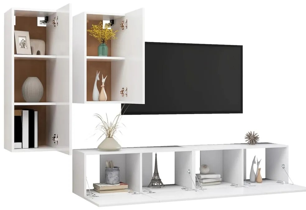 4 pcs conjunto de móveis de TV derivados de madeira branco