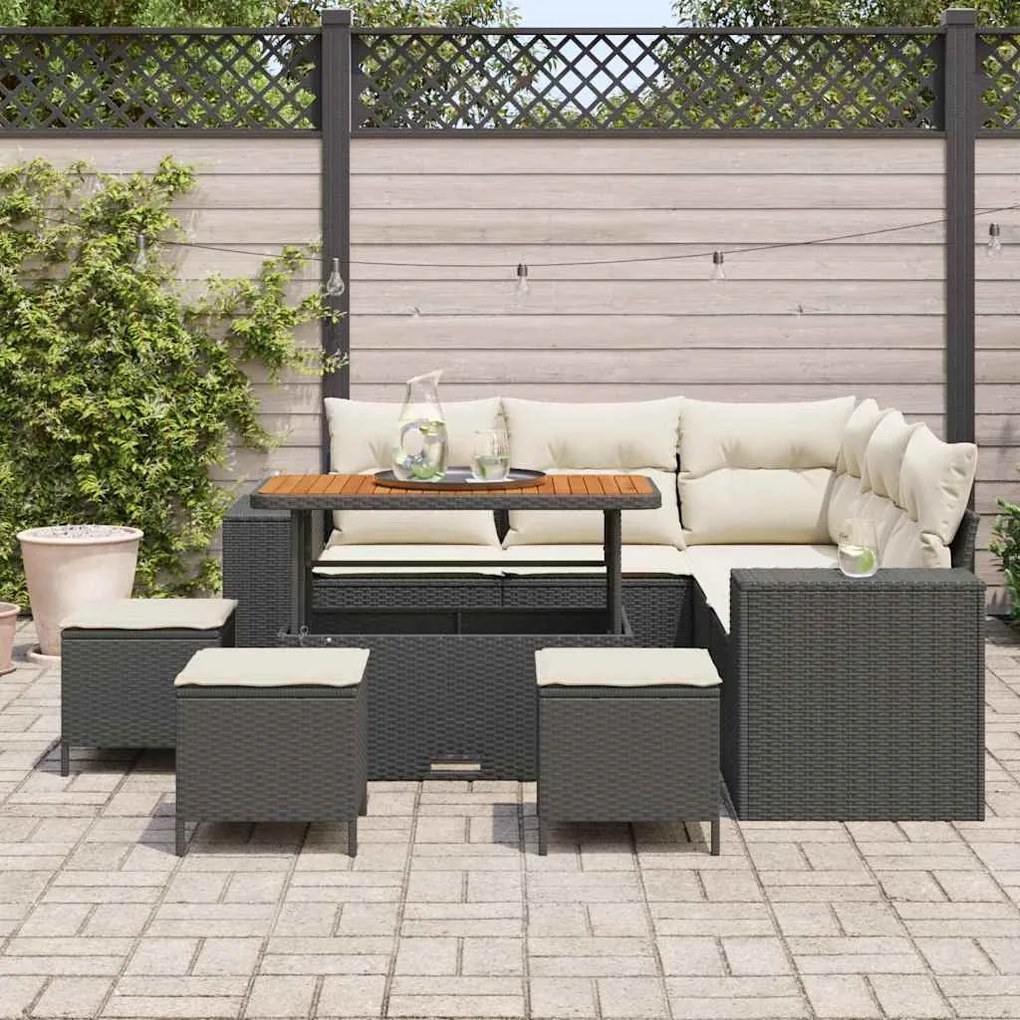 vidaXL Conjunto de Sofá de Jardim com almofada 9 pcs Preto vime PE