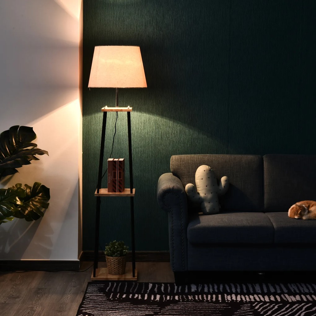 Candeeiro de pé de design contemporâneo, 40 x 40 x 160 cm, 40 W máx., 3 prateleiras integradas em madeira maciça de pinho, metal preto e linho bege e