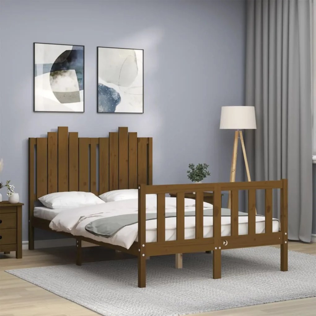 Estrutura de cama dupla pequena 4FT madeira maciça castanho-mel