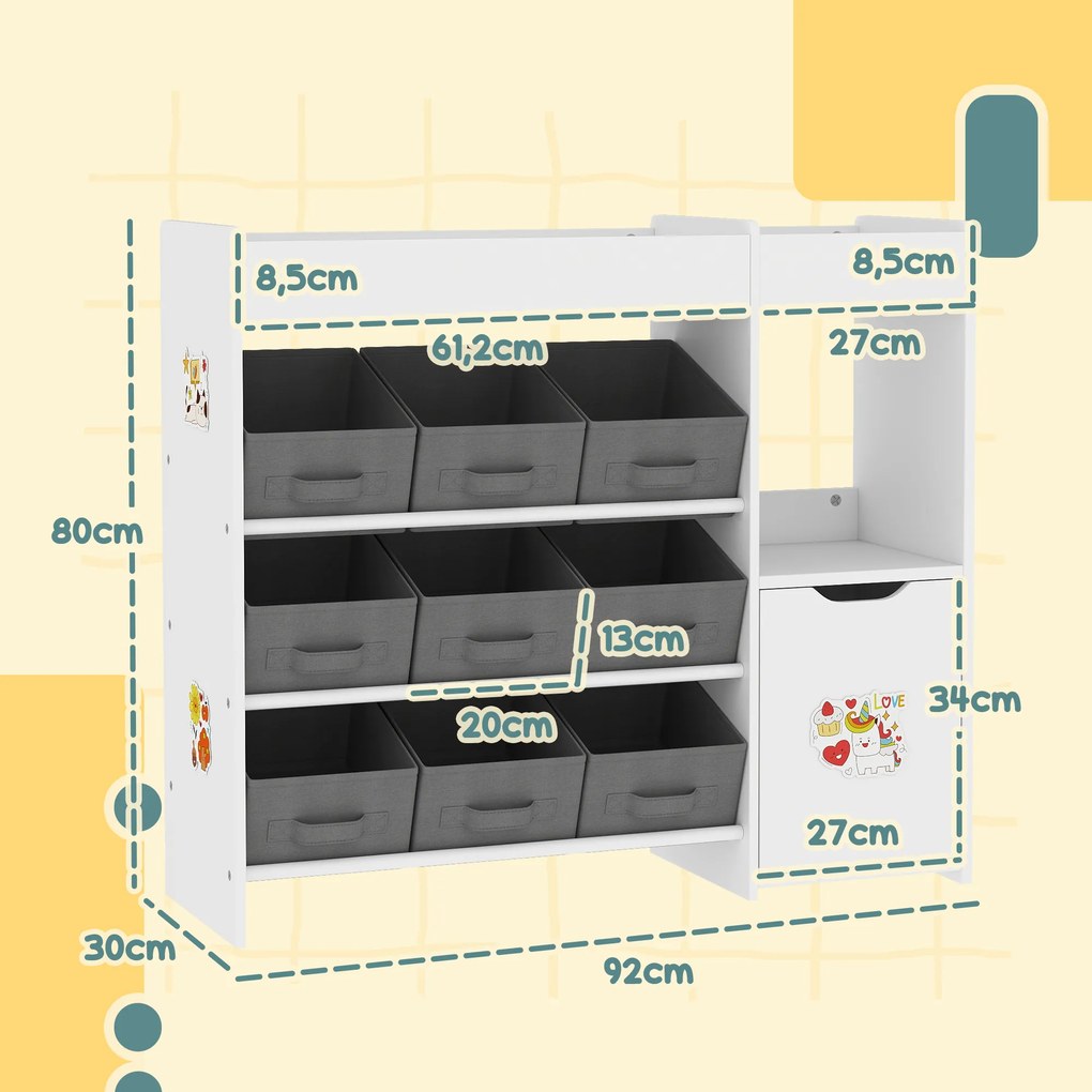 Organizador de Brinquedos para Crianças com 9 Cestos Amovíveis Compartimentos e Autocolantes  92x30x80 cm Branco e Cinza