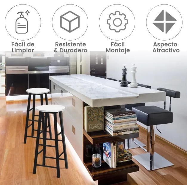 Conjunto de 2 bancos altos de mármore sintético rústico para bar Cadeiras altas com assento redondo para sala de jantar com apoio para os pés para bar