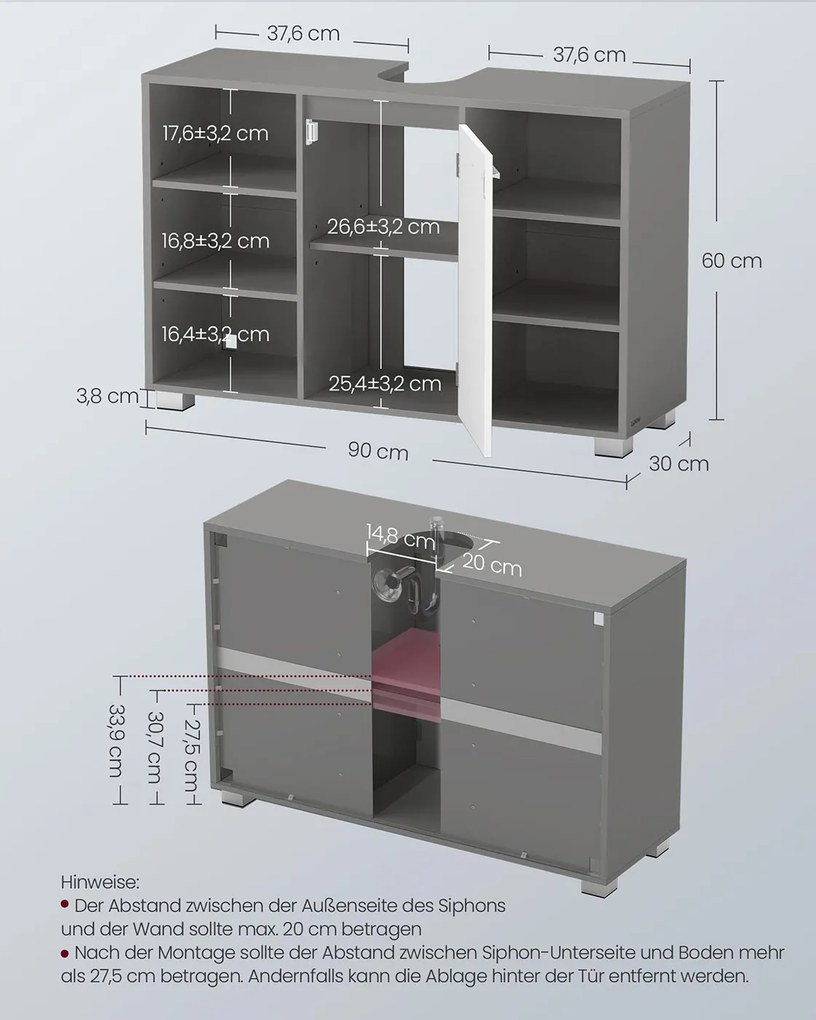 Armário para lavatório (NÃO INCLUIDO) com prateleiras ajustáveis 30 x 90 x 60 cm Cinzento + Branco